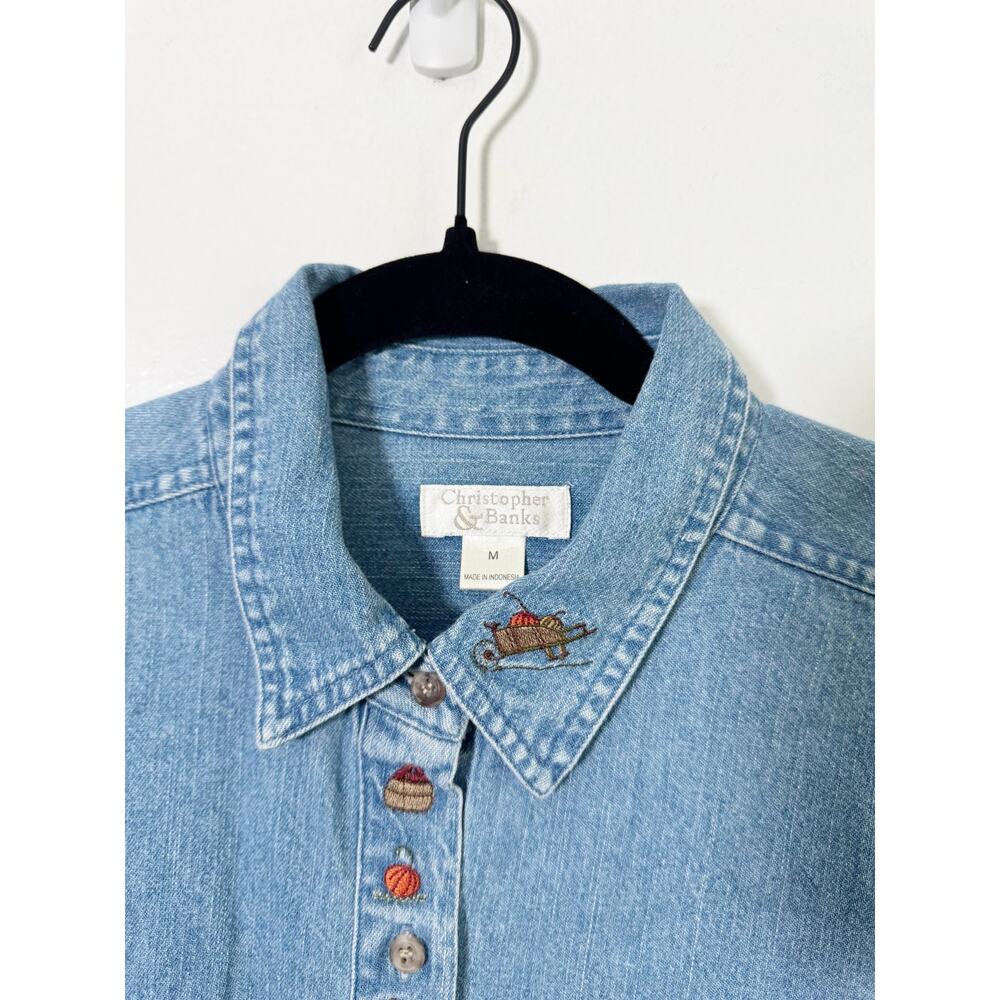 Vintage Collared Denim Button Down Shirt Embroidered Fall Motif Pumpkins Autumn - Picture 3 of 16